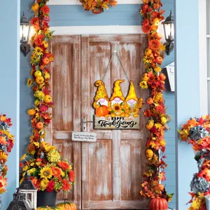 Thanksgiving wooden door hanging sign with cute gnomes and pumpkins for home porch decor.