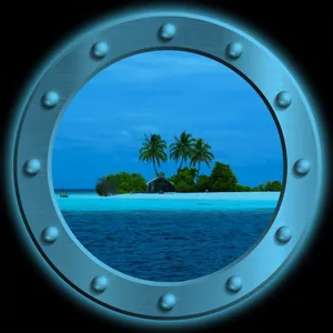 Detailed view of the luminous porthole fridge sticker featuring a tropical island scenery.