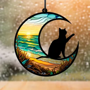 Katze auf Mond Hängedeko im Buntglas-Stil, Strand Sonnenuntergang UV Acryl Fenster Ornament.