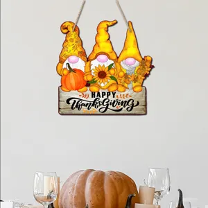 Thanksgiving wooden hanging sign with cute gnomes and autumn pumpkin decor for party porch.