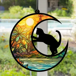 Mondsichel schwarze Katze Hängedeko, Buntglas Stil Acryl Fenster Sonnenfänger Kunst.