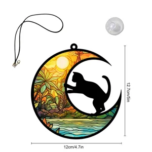 Buntglas Katzen Mond Hängeornament Detailansicht, mit Abmessungen, Kordel und Saugnapf.