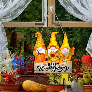 Thanksgiving wooden hanging sign featuring cute gnomes, pumpkins, and sunflowers for home decor.