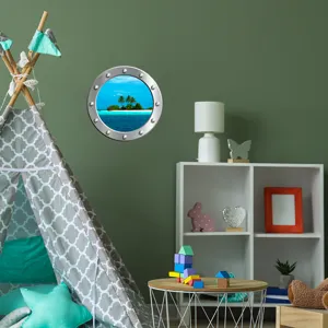Glow in the dark porthole wall sticker ocean tropical island scene for kids room decor.