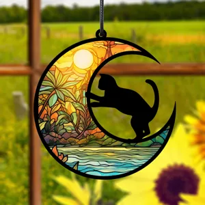 Mond Katze UV Druck Hängeplakette, exquisite Buntglas Stil Heimdekoration für Zimmer.