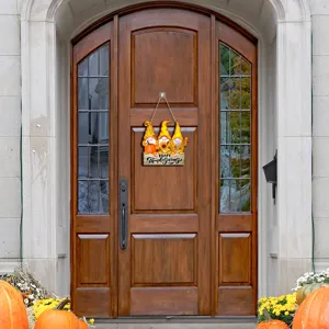 Thanksgiving wooden hanging sign detail, cute gnomes and pumpkin decor for door porch.