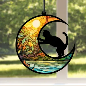 Detailansicht Mond Katze Hänge-Dekoration, Buntglas-Stil Acryl Schild für Inneneinrichtung.