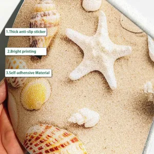 Close-up detail of textured anti-slip bathtub sticker with realistic beach shell print.