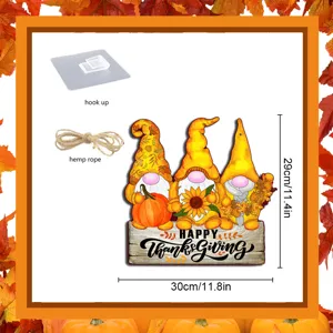 Thanksgiving Gnome wooden hanging sign detail, featuring autumn pumpkin and sunflower decor.
