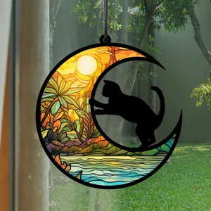 Buntglas Katze Mond Hängeornament Detailansicht, farbenfrohe Landschaft, schöne Wohndeko.