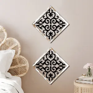 Wooden hollow wall art hanging detail, elegant diamond geometric decorative panel for home decor.