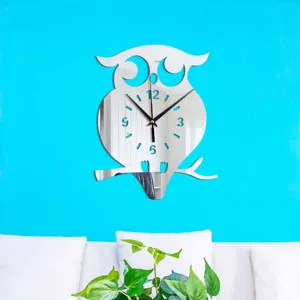 Creative mirror owl wall clock detail, modern decorative wall clock with numbers for home.
