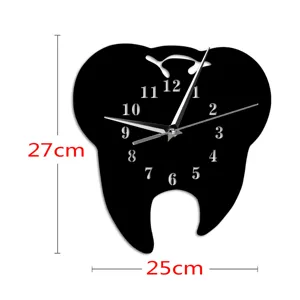 Creative tooth shaped wall clock for children room and clinic, modern black acrylic decor.
