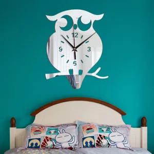 Close-up detail of creative mirror owl wall clock mounted on teal wall, modern room decor.