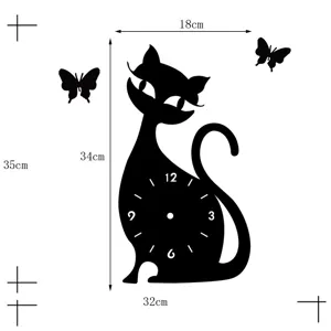 DIY black cat wall clock with butterflies silhouette silent quartz clock home decor