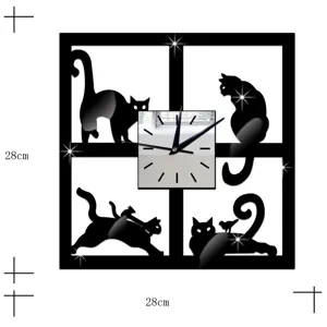 Acrylic crystal mirror wall clock with cute cats design, 28cm decorative wall sticker.