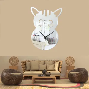 Creative mirror cat wall clock for living room bedroom and office decor, stylish acrylic design.