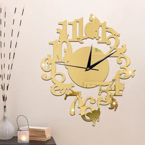 Creatieve DIY Acryl Spiegel Wandklok Kat Ontwerp Stille Quartz Wandklok Voor Woonkamer Kantoor Huisdecoratie