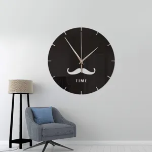 Modern creative wall clock with mustache design and mirror surface for home decor.
