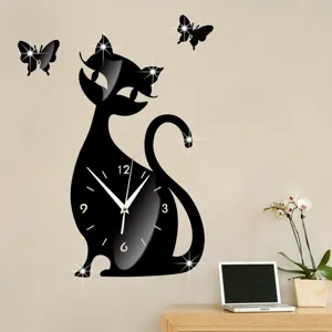 Black acrylic cat wall clock DIY mirror clock silent quartz clock for living room decor