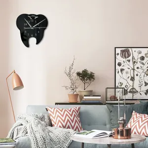 Creative mirror tooth wall clock, modern black acrylic wall decor for living room bedroom
