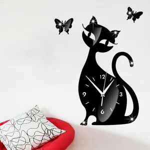 DIY Acrylic Mirror Cat Wall Clock Silent 3D Wall Sticker Modern Minimalist Art Decor For Living Room Bedroom Home Interior