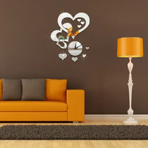 Creative 3D heart mirror wall clock, acrylic art sticker clock for home living room decor.