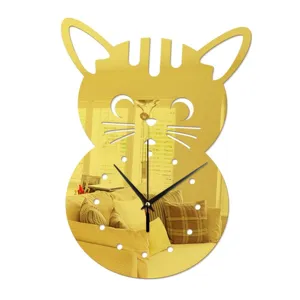 Creative gold mirror cat wall clock detail, perfect for modern living room and bedroom decor.
