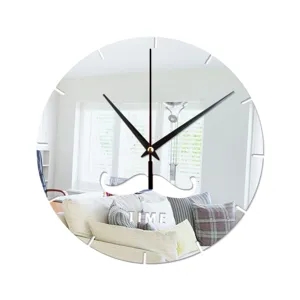 Creative mirror wall clock with mustache design, modern home decor for living room.