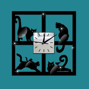 Acrylic mirror wall clock featuring creative cat silhouettes in a window frame design.