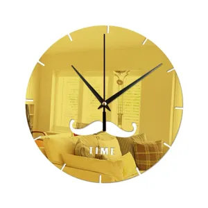 Creative golden mirror wall clock with mustache design, modern decorative clock for room decor.