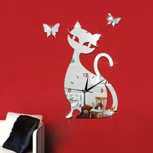 DIY acrylic mirror cat wall clock with butterfly stickers for modern living room home decor