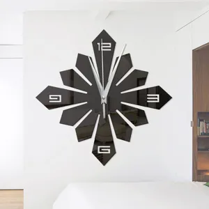 Modern 3D acrylic mirror wall clock, creative geometric design with numbers for home decor.