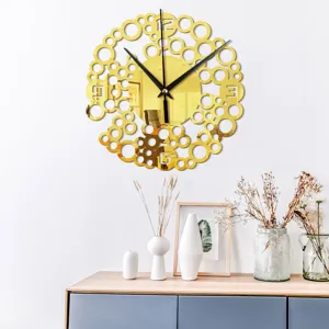 Gold acrylic mirror wall clock creative circle hollow home decor living room 3D clock