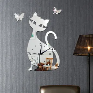 DIY acrylic mirror cat wall clock with butterflies, silent quartz clock for home living room decor.