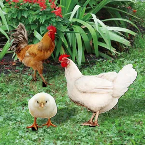 Detailed view of chicken yard art stakes with rooster, hen, and chick for garden decor.