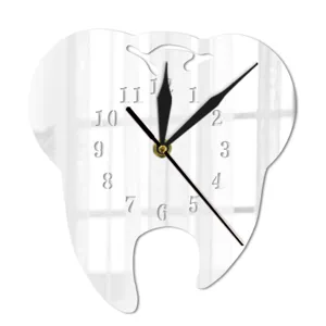 Creative tooth-shaped wall clock, acrylic mirror finish, modern home decor for clinic or bedroom.