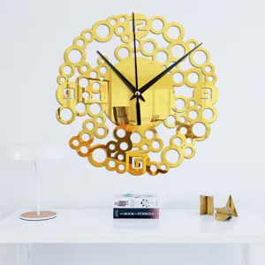Detailed view of creative golden mirror circle wall clock, modern bubble design home decor.