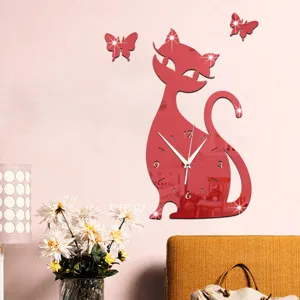 DIY mirror cat wall clock with butterflies, red acrylic silent clock for living room home decor.