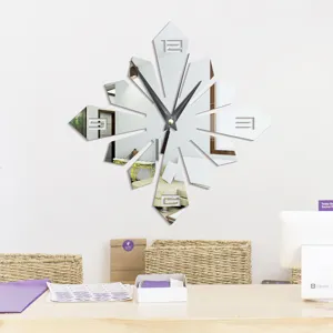 Creative acrylic mirror wall clock detail, modern geometric wall decor for home room.