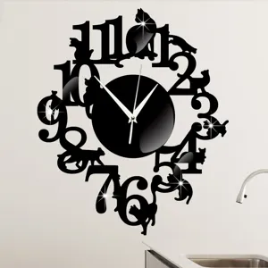 Creatieve DIY kat acryl spiegel wandklok, moderne stille digitale hangende klok voor thuisdecor.