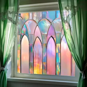 Iridescent stained glass window film detail, decorative static cling PVC window sticker.