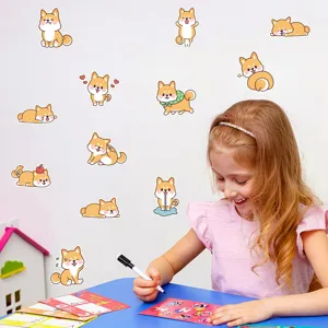 Adorables autocollants muraux lumineux Shiba Inu, décor animalier dessin animé pour chambre.