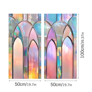 Detailed view of iridescent stained glass window film, Gothic arch decorative PVC sticker.