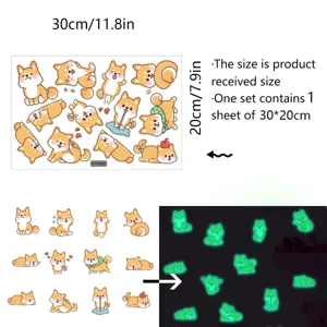 Adorables autocollants muraux lumineux Shiba Inu, décalcomanies fluorescentes de chien kawaii.