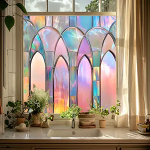 Close-up view of holographic stained glass window film casting colorful rainbow light detail.