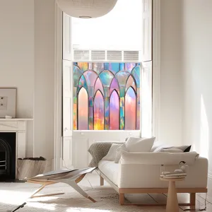 Colorful PVC static window film with stained glass gothic arch design, perfect for home decor.