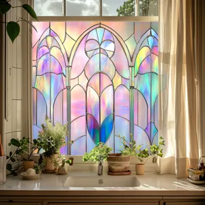 Stained glass window film detail showing colorful decorative privacy static cling pattern.