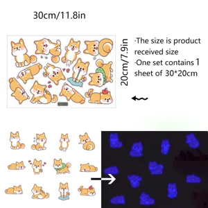 Stickers muraux mignons Shiba Inu phosphorescents, décors de chambre d'animaux kawaii, 30x20cm.