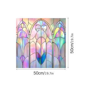 Detailed view of colorful PVC static window film featuring gothic stained glass arch design 50x50cm.